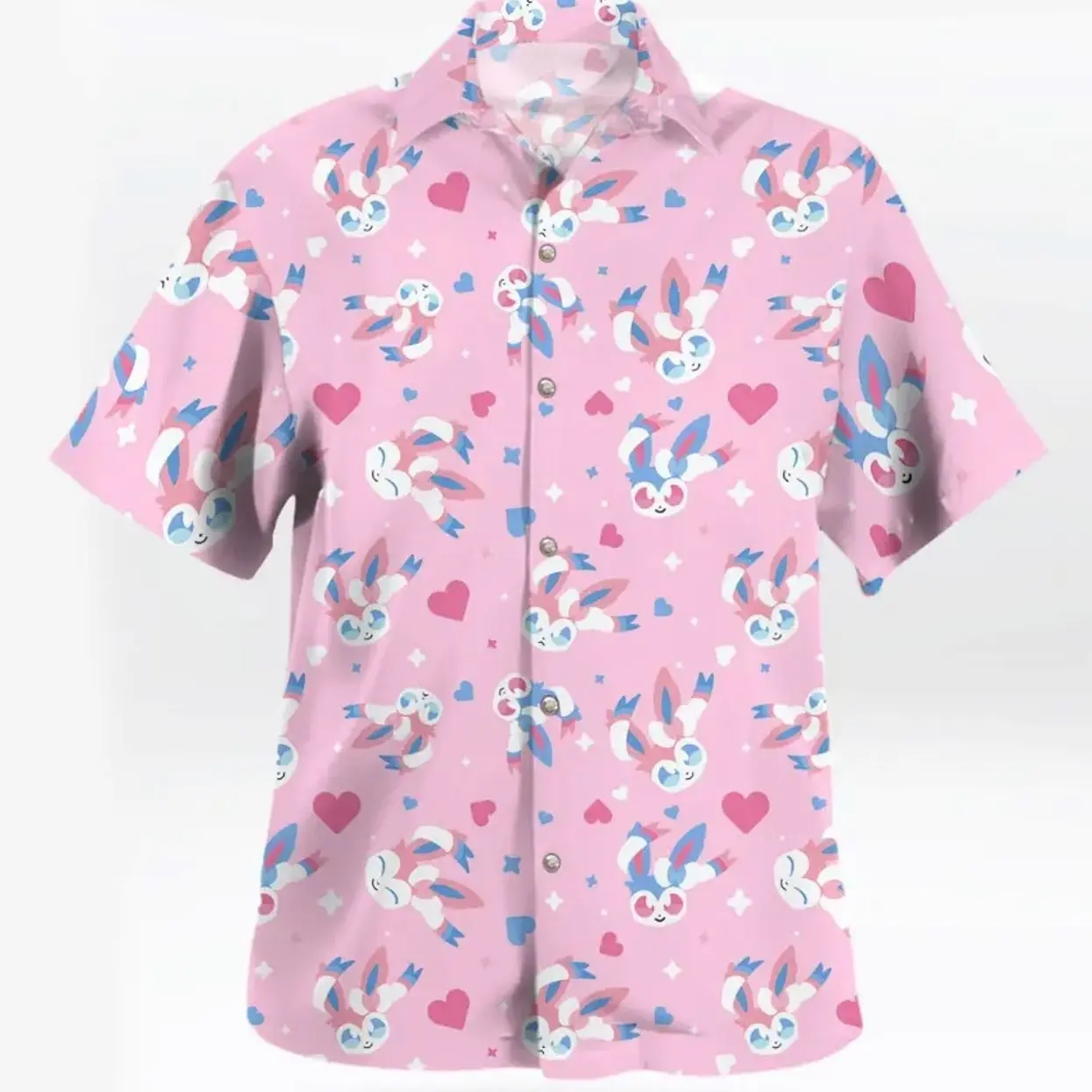 Sylveon Pink Ribbon Fox Pattern I Dress Like This PKM Hawaiian Shirt Shorts Set, Anime Latias Latios Aloha Suit, Unisex Eon Dragons Outfit