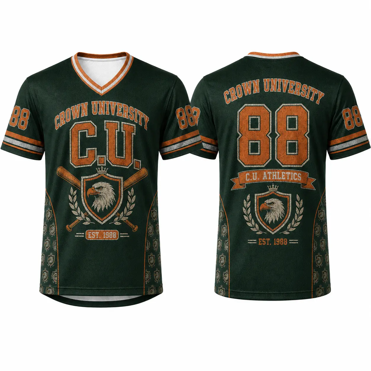 Crown University 88 V-Neck Breathable Sports Shirt - Men’s/Women’s Athletic Fit Compression Tee, Green Varsity Baseball Style Top with Eagle Shield Graphic, C.U. Athletics Retro College Short Sleeve for Casual Sporty Chic Outfits, Retro Graphics, Unisex,,