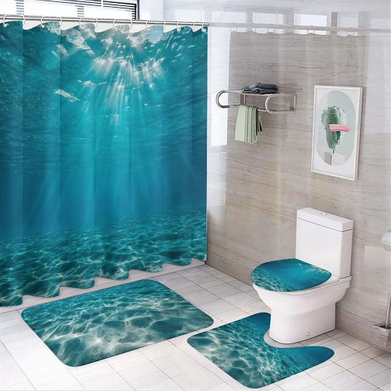 Ocean Underwater Shower Curtain Sets with Rugs - 4 PCS Bathroom Restroom Decorations - Deep Blue Sea Nature Scenery Bathroom Accessories with Non-Slip Flannel Bath Mat & Toilet Lid Cover