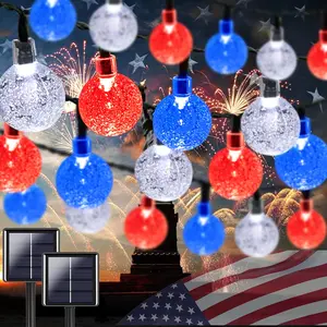 2-Pack Red White and Blue Crystal Globe Solar String Lights Outdoor 72FT 120LED IP44 Waterproof 8 Modes for Independence Day 4th of July Christmas