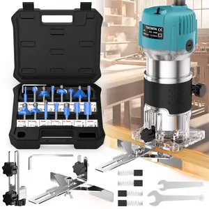 TwoWin router tool, 110V 800W compact palm wood router for woodworking, electric handheld trimmer with 1/4" collets, laminate trimmer, tungsten carbide router, includes 15 router bits