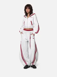 Aelfric Eden Contrast Stripe Zip Up Hoodie Cropped Silhouette Sailor Collar Accent Stripe Sleeve Detail Stretch Knit Fabric Daily Casual Streetwear Unisex Top