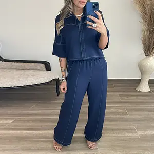 ChicMe Women's 2 Pieces Outfit Turn-down Collar Half Sleeve Button Front Top and Elastic Waist Wide Leg Pants Set Casual Contrast Stitching Commuting Set