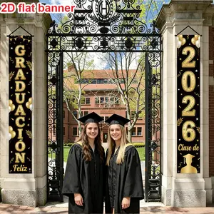 Graduation Party Banners Set, Gold Theme, Graduates Silhouette & Bow Design, Polyester Material, Ideal for Hanging Decorations, Party Decoration Supplies