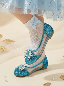 Cute Girls' Sparkling Rhinestone Mary Jane Flats, Princess Style Flat Round Toe, Fashionable Daily Christmas Party Shoes