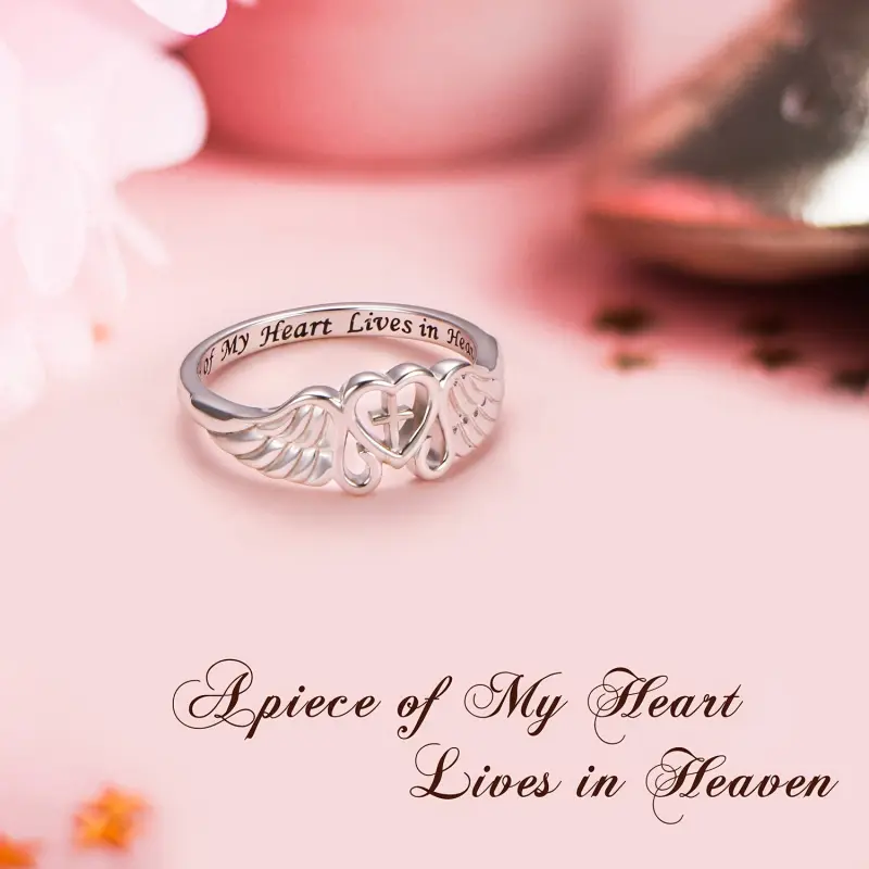 Women's S925 Sterling Silver Memorial Ring - Rhodium Plated, Engraved "A Part of My Heart Remains in Heaven", Angel Wings Design, Engraving Jewelry, Love Token, Family Keepsake