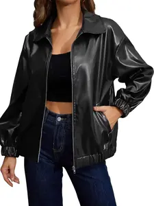 Leather Jacket Women Faux Leather Shacket Casual Long Sleeve Zip Up Bomber Motorcycle Jacket Biker Coat with Pockets *LooKo