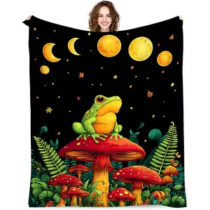 1pc Frog blanket, a gift for ladies and adults, soft, fun, cute, cartoonish, mysterious forest frog and mushroom pattern blanket, warm and comfortable flannel blanket.