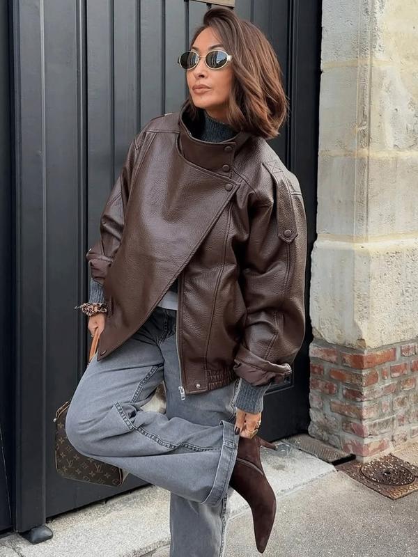 Faux Leather Jacket Woman Outerwears Fashion Asymmetric Zipper Bomber Jacket Demi-Season Streetwear Plus Size Women's Black Jacket Long Sleeve New In Coats Motorcycle Jackets