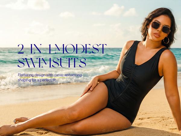 SHAPSHE Women's One Piece Tummy Control Swimsuit Full Coverage Bathing Suit Ruched Modest V Neck Shapewear Swimwear