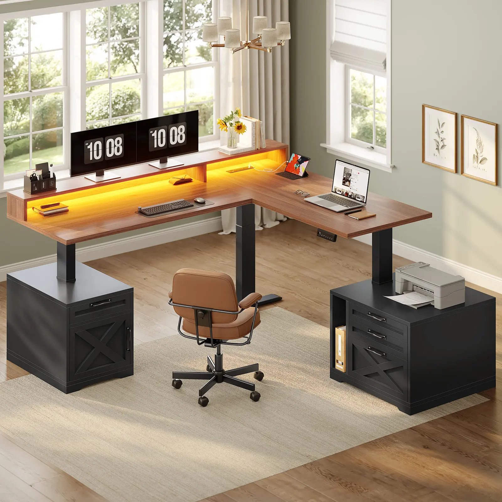 Sedeta 70.1-Inch Farmhouse Wood L-Shape Sturdy Computer Desk - Electric Height-Adjustable Desk, Steel Frame, Drawers, Power Outlet, Printer Stand, Monitor Lift Shelf, Charging & LED Lighting, 200 lbs Capacity, Assembly Required