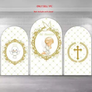 Baptism Arch Covers Stretchy Backdrop, Gold Cross Pigeon Angel Baby Design, Perfect for Baby Shower First Holy Communion Party Photography Backdrop, Party Decor