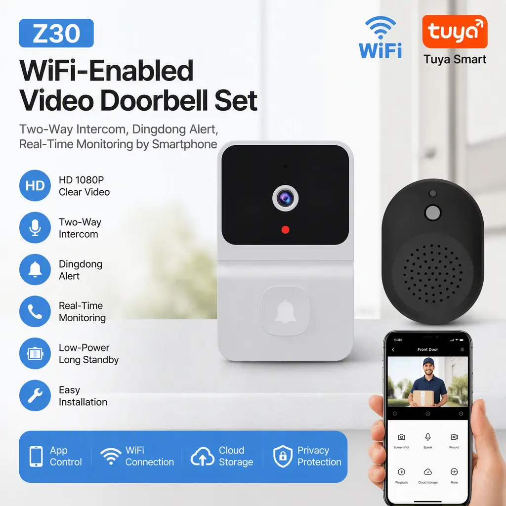 Mobile Phone Monitoring Tuya Z30 Video Doorbell, Low‑Power WiFi Smart Intercom, Complete Dingdong Doorbell Set for Home Use