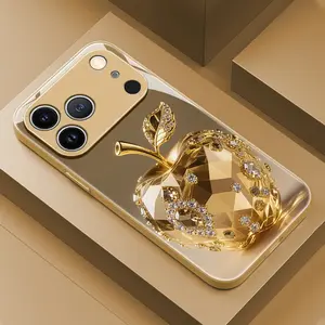 Luxury Fashion Diamond Gold Apple Design Glass Phone Case, Suitable for iPhone 17/17 Pro Max/17 Air/16 Pro Max/16E/15/14 Plus/13 Pro/12/11 Pro Max--Elegant, Full Coverage, Fashionable Protective Case, Daily Use Case, Diamond Pattern, Elegant Design, UV Pr