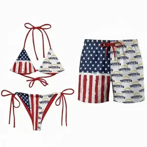 Patriotic USA Flag Couple Swimwear – Twisted Tea Bikini for Women & Matching Mens Swim Trunks, American Flag Beach Outfit for Summer Vacation