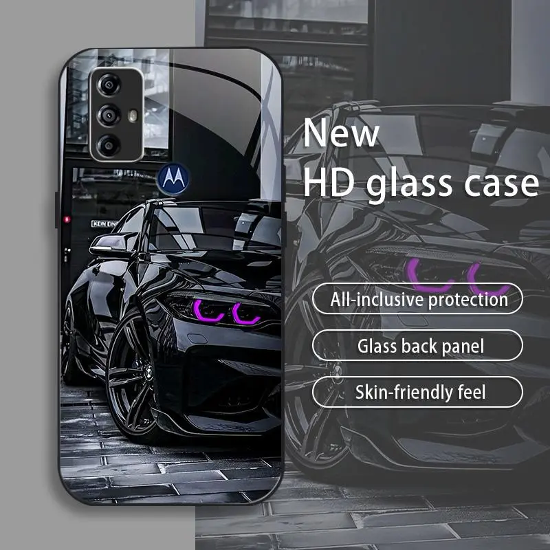 Black Racing Drop-Resistant Glass Smartphone Case with Full-Cover Protective Film, Skin-Friendly Feel for Motorola Moto G Play (2023) - Cellphone Handheld Device Protection, Hard Glass Back Panel
