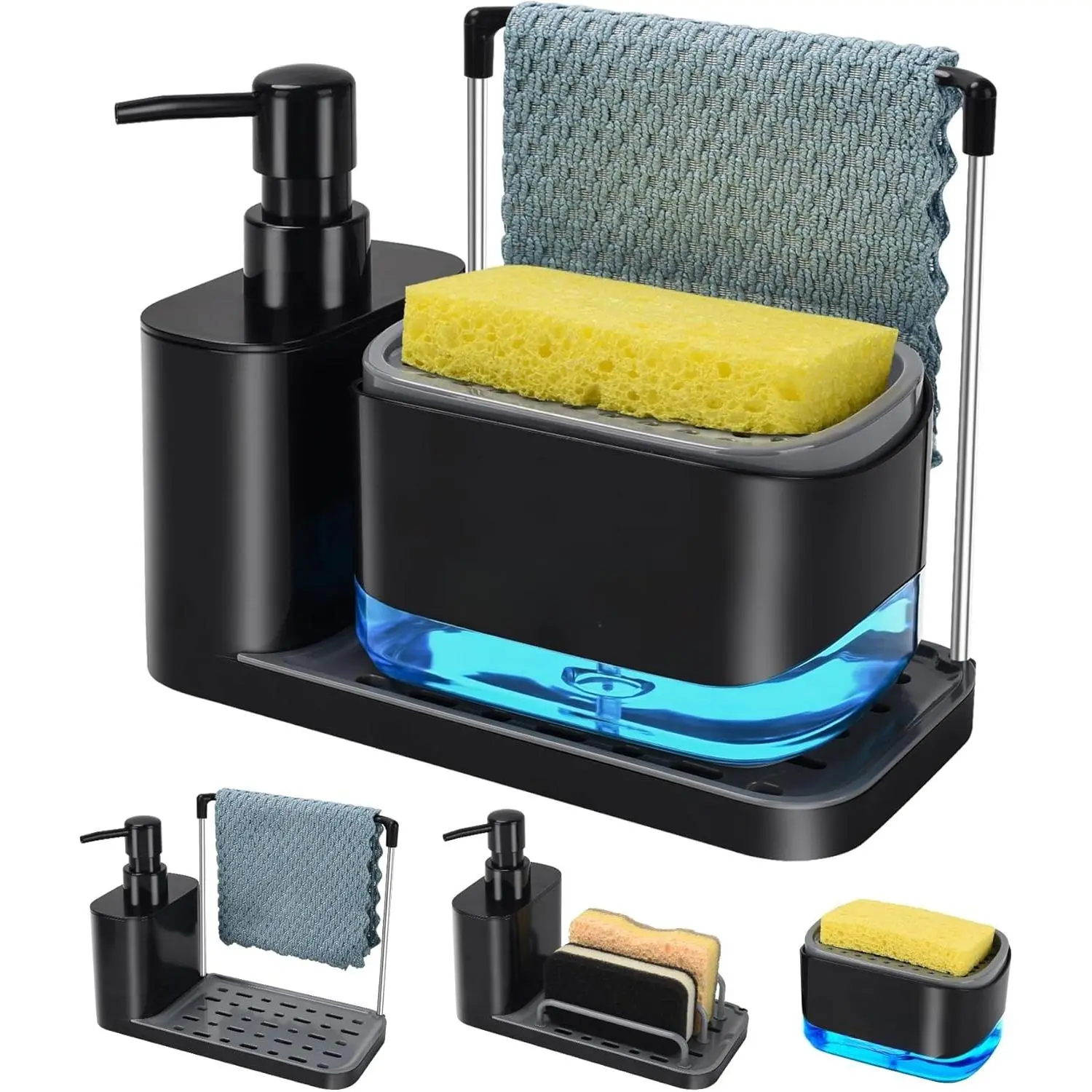 5-in-1 ABS+PC Press Waterproof Corrosion-Resistant Leakproof Hollow Transparent Plastic Soap Dispenser Set with Tray, Dual Pump, Sponge Holder, Dishcloth Holder, Soap Saver for Kitchen Sink Countertop Storage, Bathroom Cleaning Supplies
