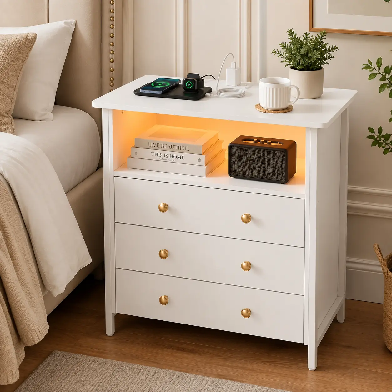 27" Wide Nightstand with 3 Drawers and LED Open Shelf - White, Black, Grey, Brown Options for Smart Bedside Storage