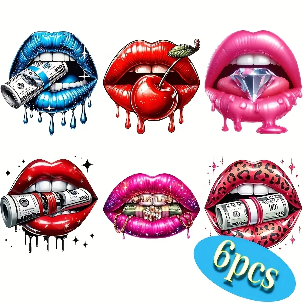 6-Piece Sexy Lip Shape Heat Transfer Vinyl Stickers, Decal, Ivory Self-Adhesive Iron-On Patches for T-Shirts & Clothing, Various Designs, Unique Designs, Patterns, Playful, Craft Project Supplies