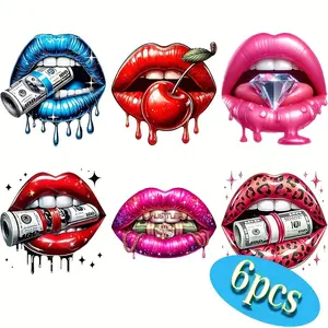 6-Piece Sexy Lip Shape Heat Transfer Vinyl Stickers, Ivory Self-Adhesive Iron-On Patches for T-Shirts & Clothing, Various Designs, Unique Designs, Patterns