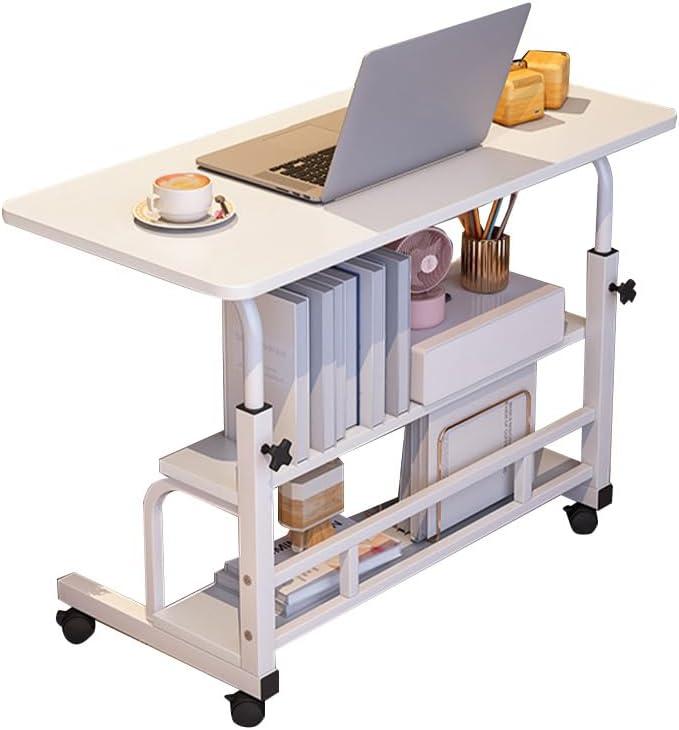 Adjustable Height Mobile Standing Desk with Wheels – Portable Rolling Computer Table – Storage Shelves – Bedside, School & Home Office – Walnut Color