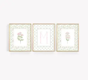 Set of 3 Floral Nursery Monogram Wall Art, Personalized Initial Print, Wildflower Prints Set, Nursery Girls Room Decor, Custom Letter Poster