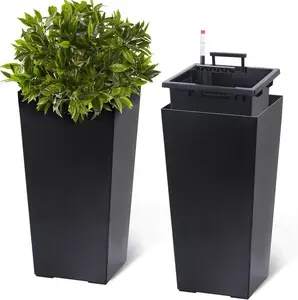Black 22.5 Inch Tall Rectangular Planters Set of 2 Large Modern Plant Pots with Drainage Holes & Water Level Monitor for Outdoor and Indoor Use Garden
