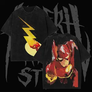[Collection] Retro 90s Scarlet Thunderbolt Speedster Special Edition Graphic T-Shirt – Crimson Lightning Bolt Logo Front & Power Burst Back Print, Superhero Comic Style, Vintage Washed Black Unisex Streetwear Tee, Gift for Him, Gift for Fa