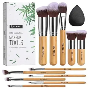 BS-MALL Professional Makeup Brush Set 11 Pcs Bamboo Kabuki Brushes for Foundation Powder Eyeshadow with Organizer Bag