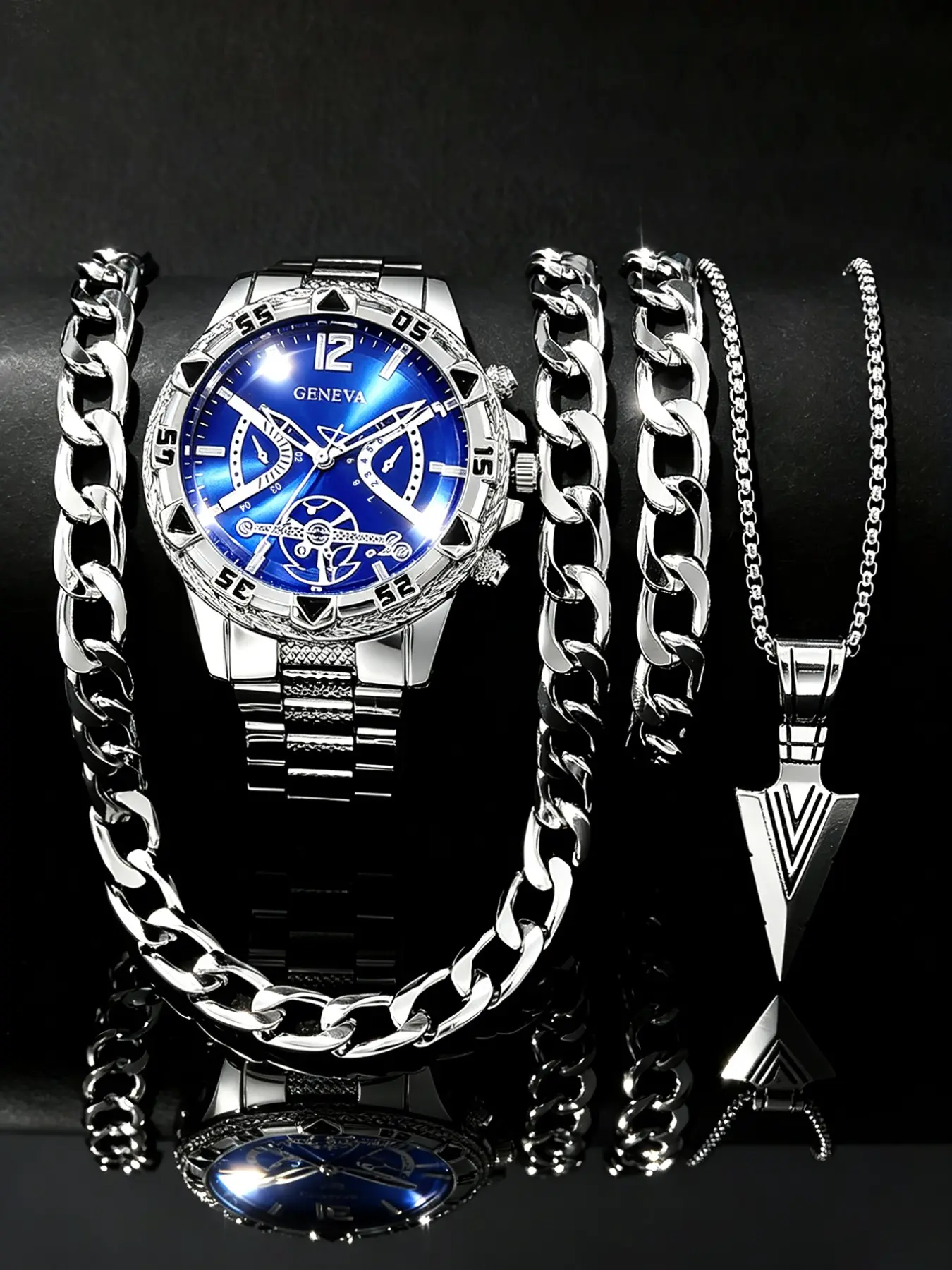Men's Punk Style Analog Quartz Watch & Chain Necklace & Bracelet Set, Fashion Watch Set for Party, Daily Decor, Trendy All-match & Exquisite Watch Set for Birthday Gift, Men Jewelry