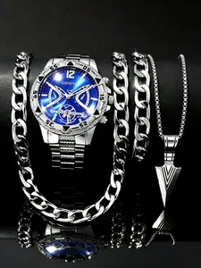 Men's Punk Style Watch & Chain Necklace & Bracelet Set, Fashion Watch Set for Party, Daily Decor, Trendy All-match & Exquisite Watch Set for Birthday Gift, Men Jewelry