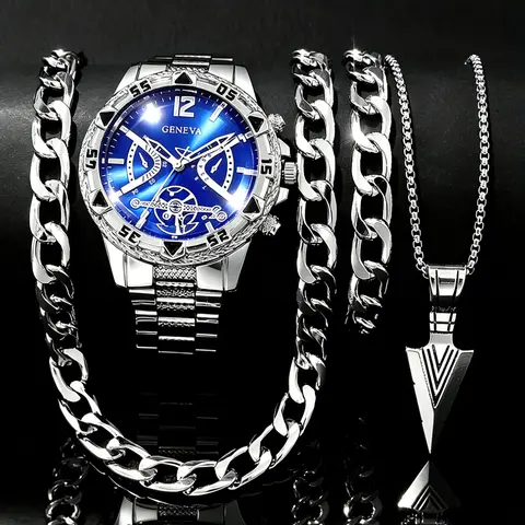 Men's Punk Style Analog Quartz Watch & Chain Necklace & Bracelet Set, Fashion Watch Set for Party, Daily Decor, Trendy All-match & Exquisite Watch Set for Birthday Gift, Men Jewelry
