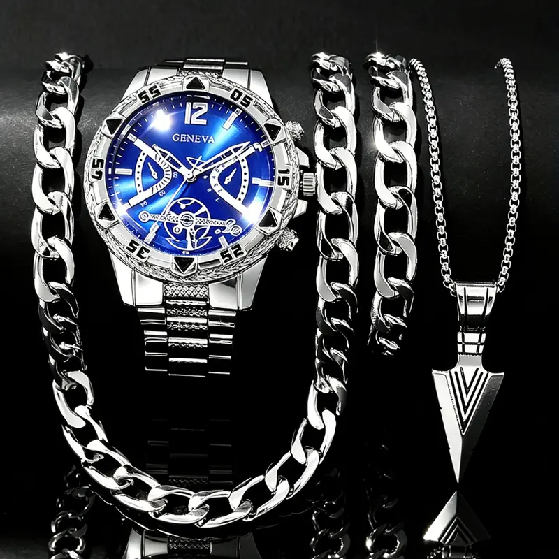 Men's Punk Style Analog Quartz Watch & Chain Necklace & Bracelet Set, Fashion Watch Set for Party, Daily Decor, Trendy All-match & Exquisite Watch Set for Birthday Gift, Men Jewelry