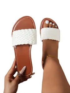 Women's Woven Texture Flat Comfort Boho Style Slides, Bohemian Trending Sandals, Lightweight Casual Beach Vacation Wear, Stylish Summer Flip Flops for Women