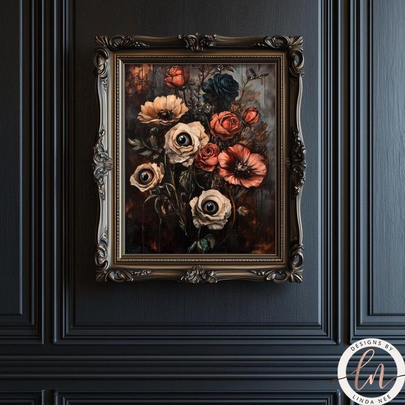 Macabre Botanical Goth Print, Dark Academia Home Decor, Victorian Gothic Poster, Forestcore, Autumn Colors, Spooky Eyes Flowers | Unframed P