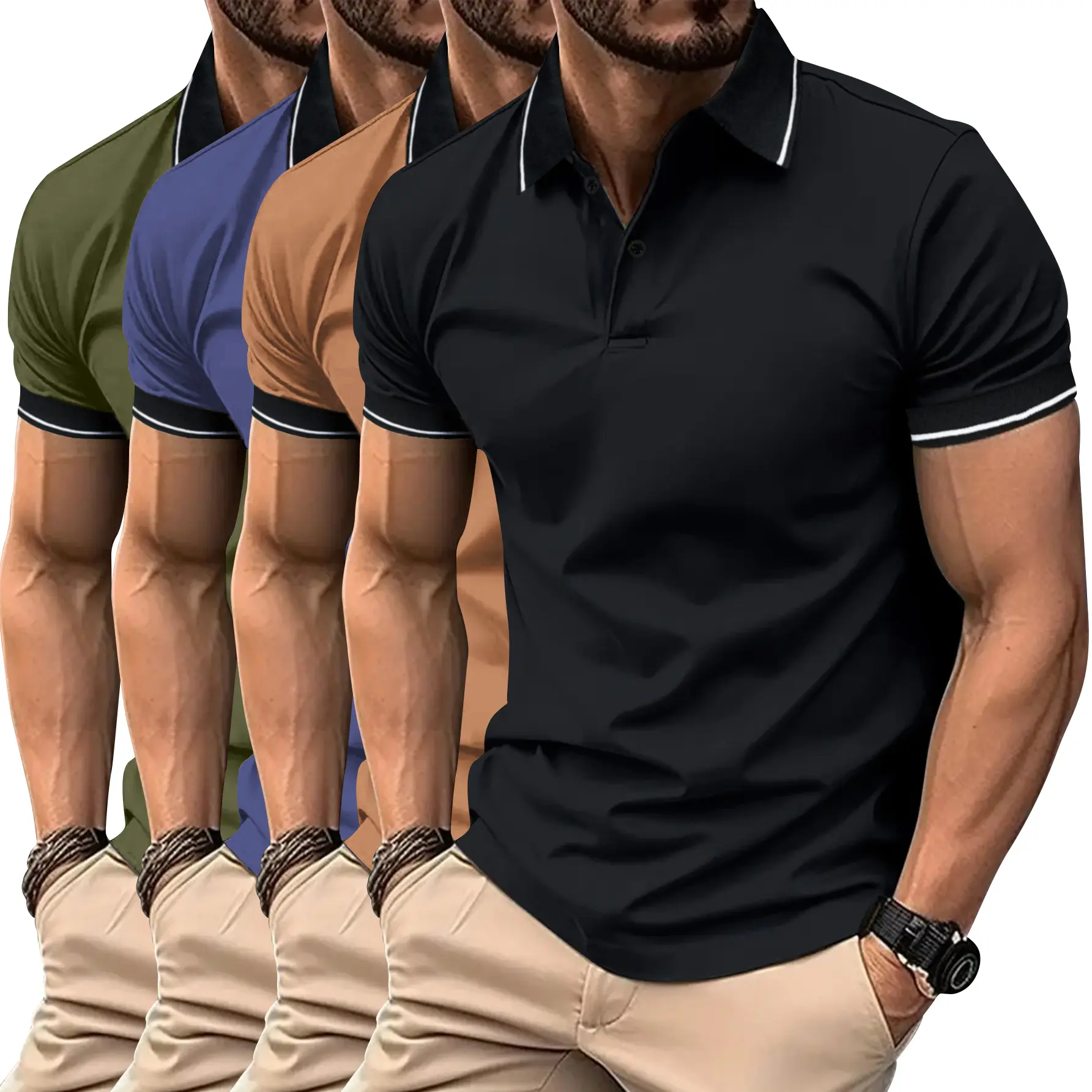 4 Pack Men's Fitted Colorblock Polo Shirts, Short Sleeve Breathable Sporty Chic Tops for Summer Golf, Travel & Work