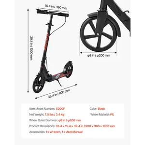 VEVOR Kick Scooter for Kids Ages 8+, Teens Adults, 2-Wheel Toddler Scooter with Height Adjustable Handlebar, Wide Anti-Slip Deck, Foldable Lightweight Frame for Boys Girls up to 220 lbs, Black