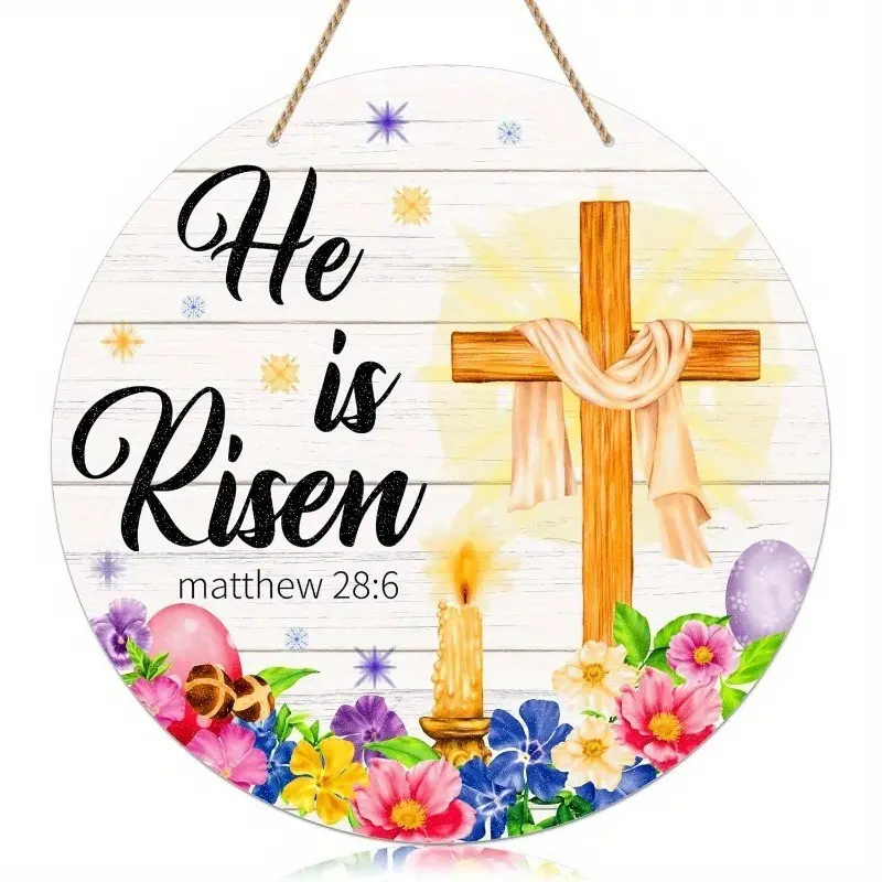 Easter Door Sign Farmhouse Style Cross Wreath Hanging Decor, Religious Easter Door Decoration, Home Wall Decor, Spring Indoor Outdoor Use, 9.2x9.2 Inch