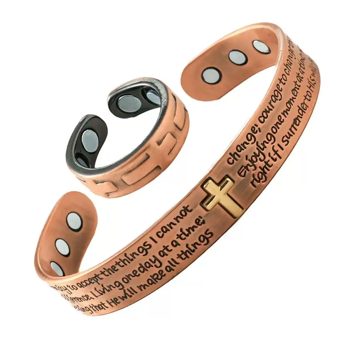 Solid Copper Magnetic Bracelet Ring Set for Men, Serenity Prayer Scripture Engraved Cuff with Cross Charm, High Strength Magnets Health Therapy Copper Jewelry, Adjustable Size Faith Accessory Gift for Gentlemen