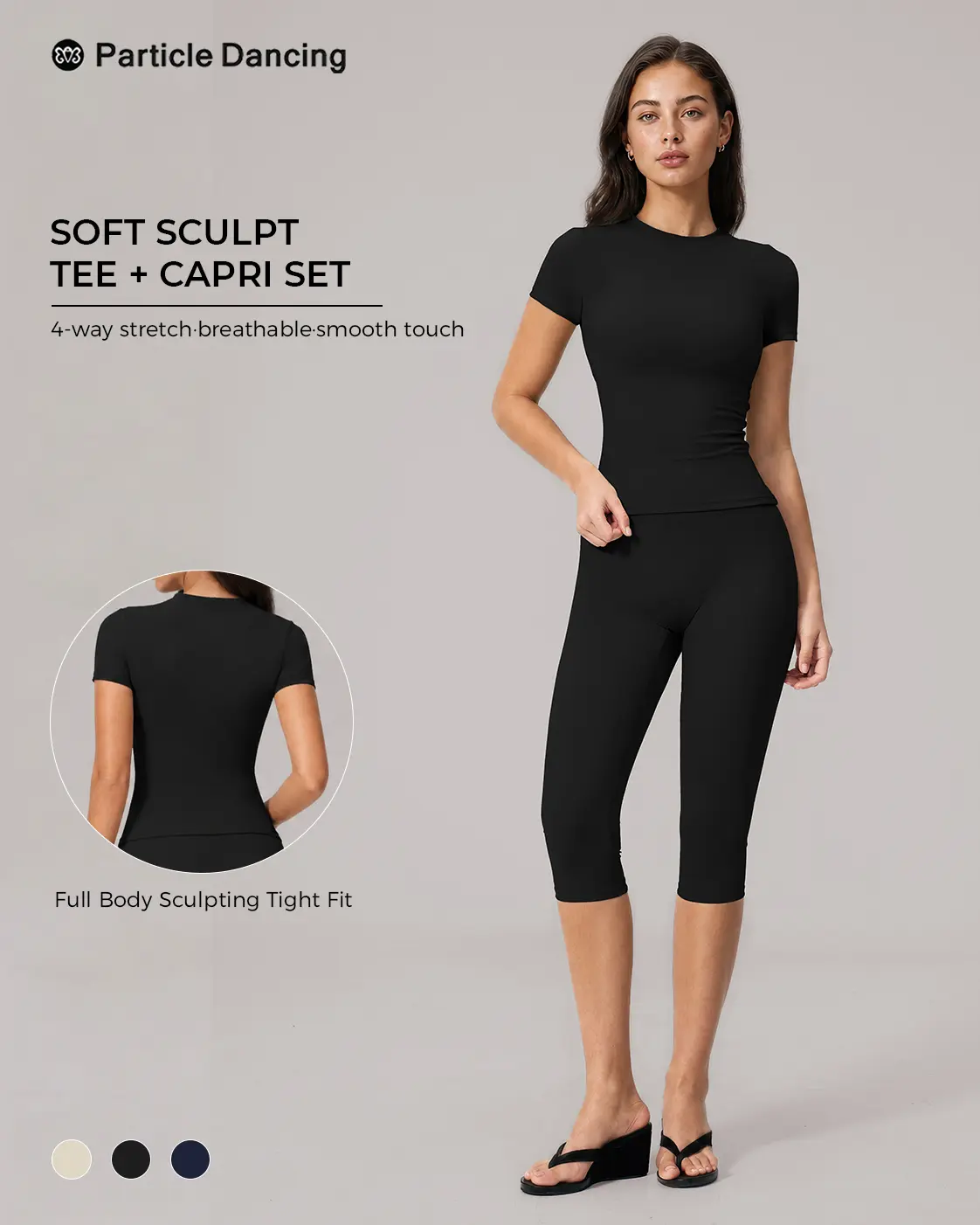 Women's 2 Piece Workout Set, Short Sleeve Fitted Top and Capri Leggings Activewear Set, Soft Stretch Yoga Outfit for Pilates Gym Travel, Clean Girl Aesthetic Studio-to-Street Everyday Activewear
