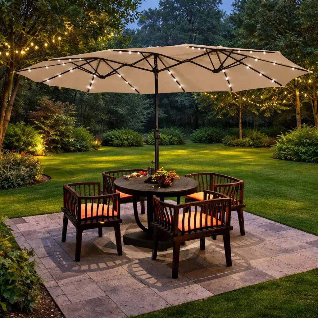 heavy duty patio umbrella with lights Mojia 10x10 FT Square Cantilever Solar LED and Cross Base, 360° Rotation Large Offset Outdoor Umbrella with Easy Tilt for Pool Backyard Deck Garden Counterweight base not included. Garvee Heavy Duty 10x10ft Square