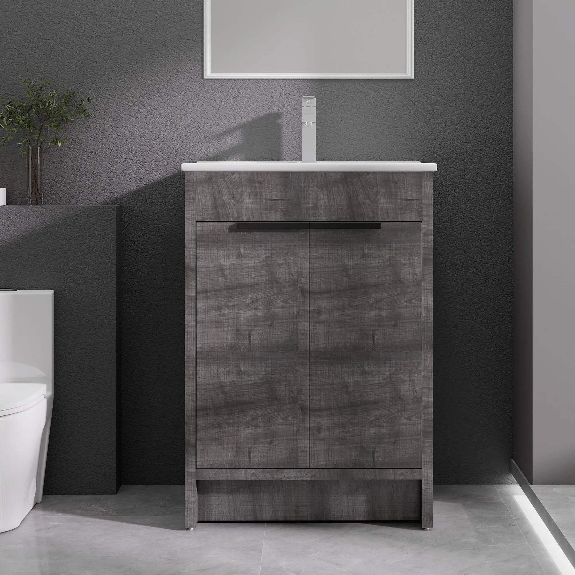 24 Inch Freestanding Bathroom Vanity, Plywood Cabinet with Black Handle, Soft‑Close Double Doors & Integrated Ceramic Sink for Small Bathroom & Powder Room