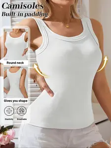 🔥5-Pack Women's Ribbed Camisoles with Pads Inside, Crew Neck Seamless Design, 5 Colors, Lightweight Fabric for All-Day Comfort, Slim-Fitting, Flattering & Supportive, 2-in-1 for Layering/Outer Wear, Women's Must-Have Camis!