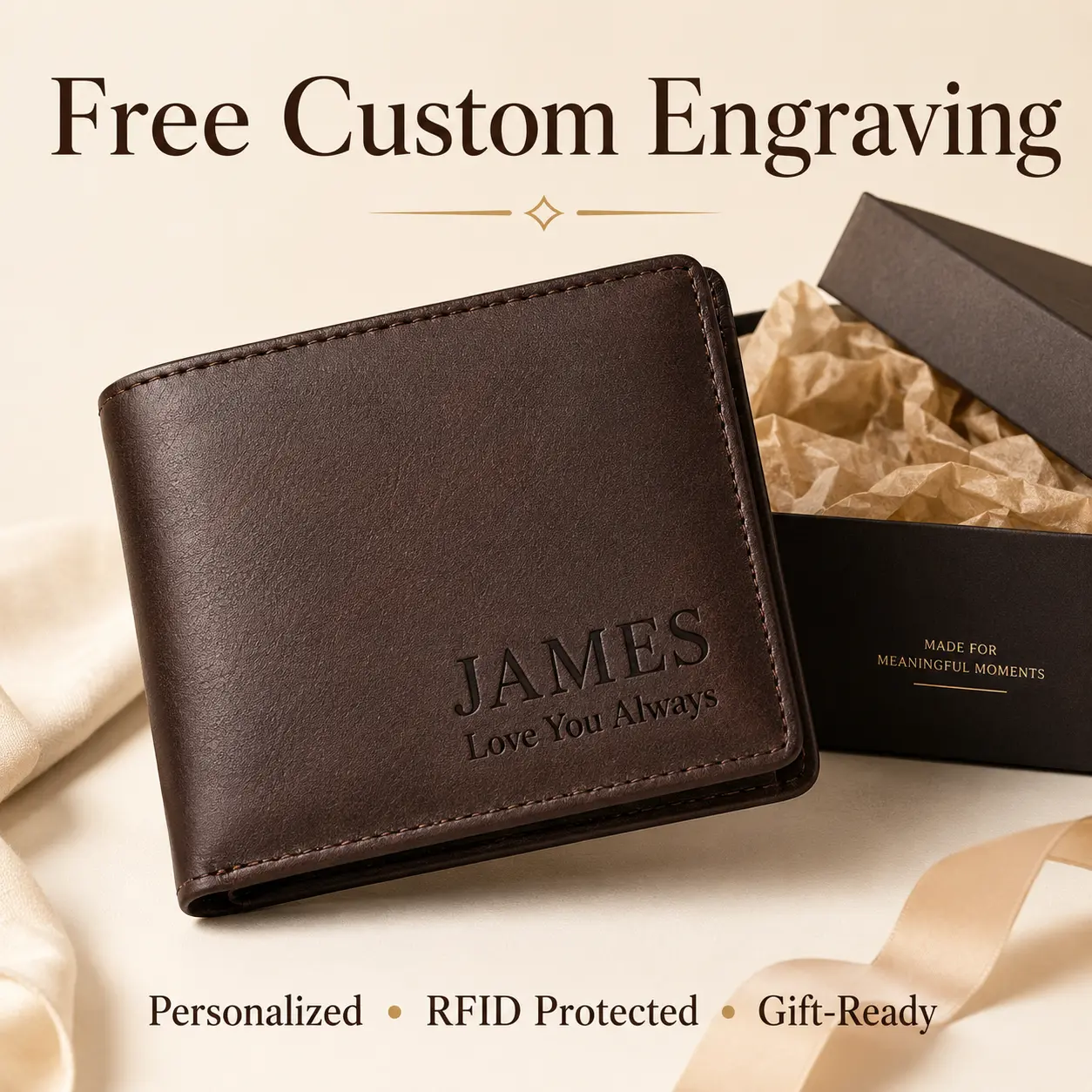 Personalized RFID Leather Wallet for Men, Custom Engraved Name Wallet Gift for Him, Anniversary, Birthday & Valentine’s Day Gift