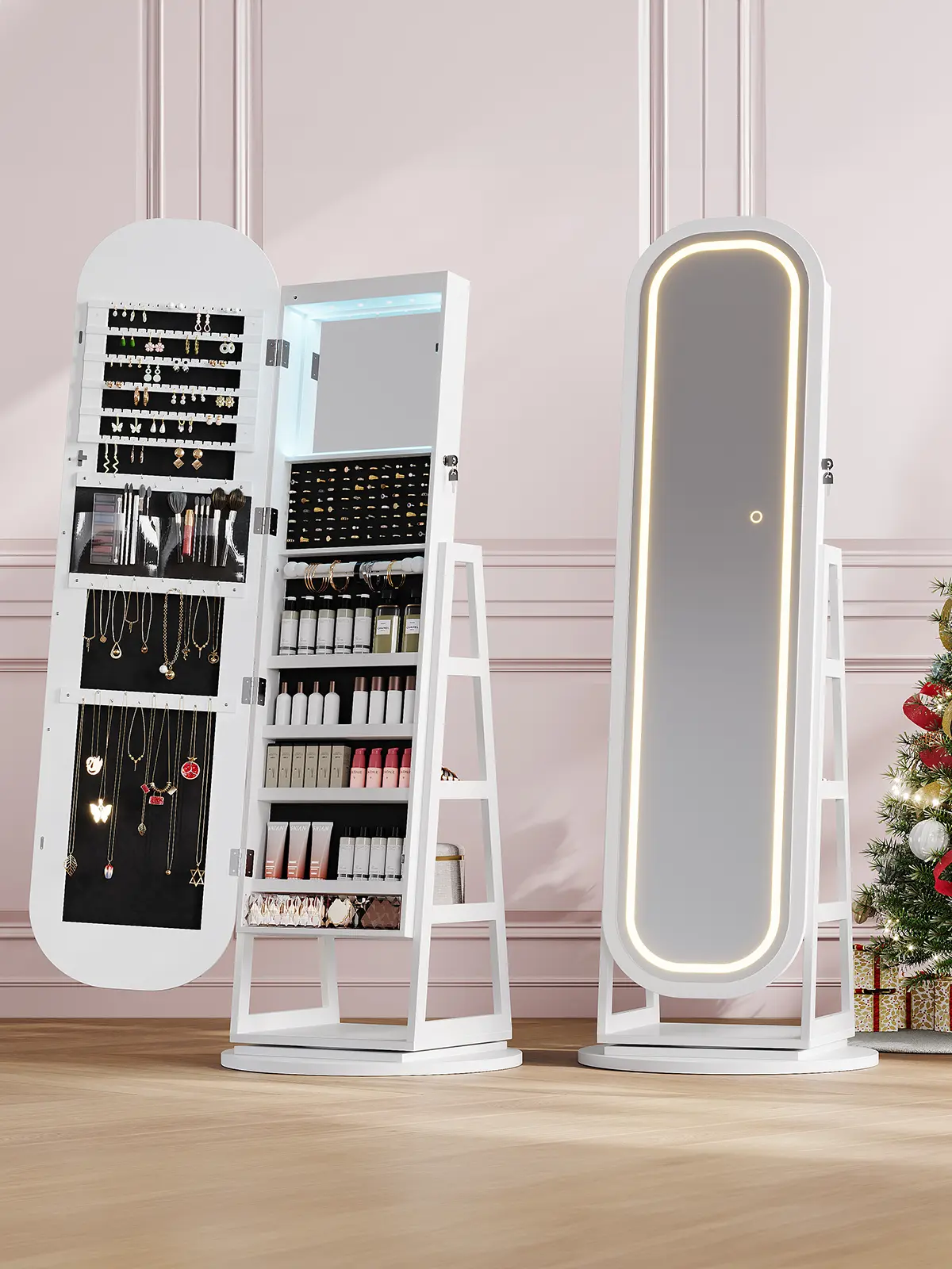 【Full-Length LED Mirror】ONBRILL Gorgeous Lockable 360° Swivel Jewelry Cabinet w/ Light,Jewelry Organizer Armoire Standing w/ Interior Mirror&Storage Shelve for Cloakroom LivingRoom Bedroom Furniture【SummerFinds】