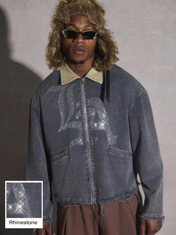 Dark Denim Jacket with Diamonds and 'la' Logo, Vintage Corduroy Collar and Frayed Design, Stylish Zippered Fit for Casual Outings