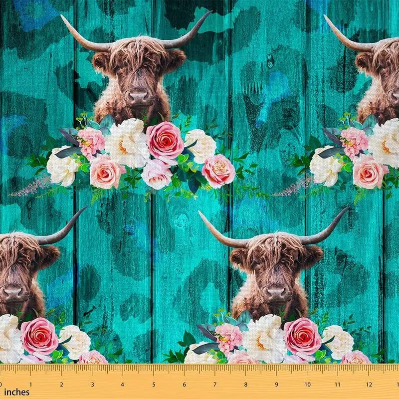 Feelyou Painted Highland Cow Tight Woven Textile Fabric, 3yd Cut - Floral Design, DIY-Friendly for Farmhouse Furniture Refinishing, Indoor/Outdoor Use, 3 Yards