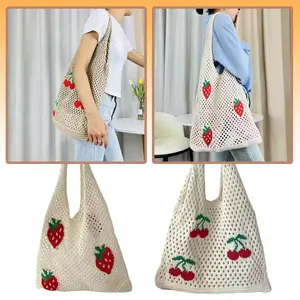 Cute Cottage Strawberry Cherry Crochet Shoulder Bag for Women Large Shopper Bag Casual Tote Handbags Summer BeachBag