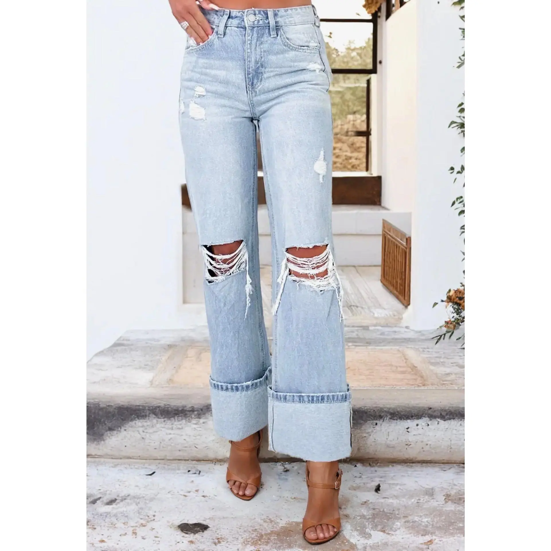 Timeless Stretchy Light Wash Distressed Flare Jeans