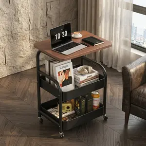Rolling C Table with Storage Basket, Mobile Side Table with Wood Top & Lockable Wheels, 2-Tier End Table for Sofa, Bed, Living Room & Small Spaces